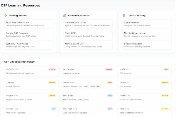 Learning resources page with CSP tutorials and guides