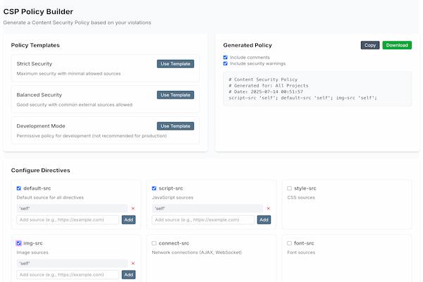 CSP Policy Builder interface showing policy configuration options
